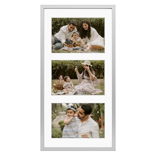 Frametory - 7x14 Aluminum Collage Picture Frame - Display 4x6 Pictures with 3 Openings Mat - Real Glass Front - Horizontal/Vertical Wall Mount - Silver 1 Pack