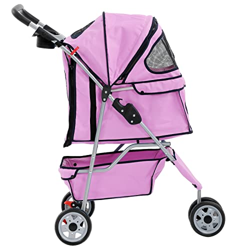 Dkeli 3-Wheel Pet Stroller, Lightweight Foldable Dog Stroller for Small Medium Dogs & Cats, Breathable Mesh & Weather Cover with Storage Basket, for Daily Walk Outdoor Travel (Pink)