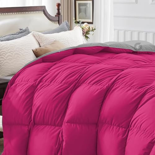 Image of Restful Sleep Reversible All Weather Comforter Single Bed Size - Dohar /Rajai /Blanket /Duvet -250 GSM Quilt Soft Microfiber Fill Single Size (60 inchX90 inch) - Hot Pink /Silver Grey Color