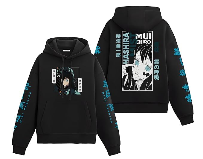Anime Hoodie,Pullover Sweatshirt with Japanese Character Print, Long Sleeve Graphic Hooded Top