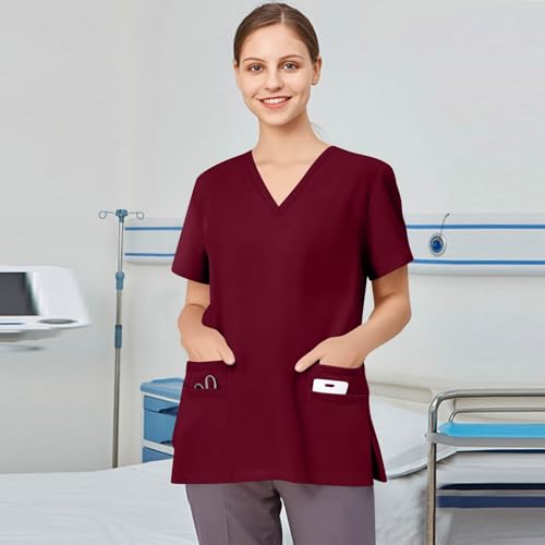 Image of FONMA Scrub Tops Women Plus Size Stretchy V-Neck Scrub Shirts with 4 Pockets Breathable Short Sleeve Nurse Uniforms