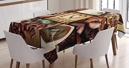 Ambesonne Brown Tablecloth, I Love Coffee Theme Collage Roasted Beans Brewing Machines and Cups Aromatic Drink, Rectangular Table Cover for Dining Room Kitchen Decor, 60" X 90", White Brown