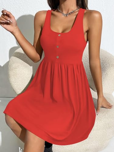 Image of BeadChica Women's Summer Tank Dress Sleeveless Scoop Neck Button-Down Sundress Cute Ruffle Hem Swing Mini A-Line Dress