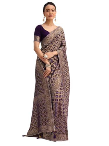 Dhatrika Ethnic Purple Banarasi Silk Saree with Gold Zari Weave & Bandhani Rich Gold Zari Detailing banarasi s
