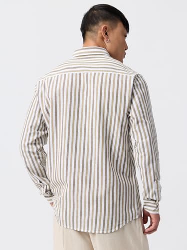 Image of The Souled Store: Echo Men and Boys Long Sleeve Spread Collar Beige and Blue Striped Regular Fit Casual Easy to Wear Summer Ready Lightweight Cotton Linen Shirt