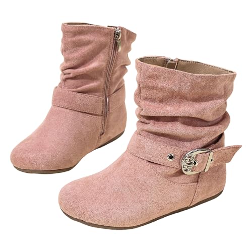 Boots for Girls Kids Ankle Boots with Side Zipper Dress Boot No Heels Booties for Girl Cute Round Toe Non Slip Outsole Ajustable Buckle Mid Calf Boot for Girls