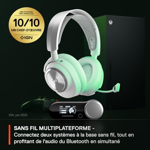 SteelSeries Arctis Nova Pro Wireless Xbox Blanc - Casque Gaming multisystème - Haut-parleurs magnétiques néodyme - ANC - Autonomie illimitée - Micro ClearCast Gen2 - Xbox, PC,PS5,PS4, Switch 2 -Blanc