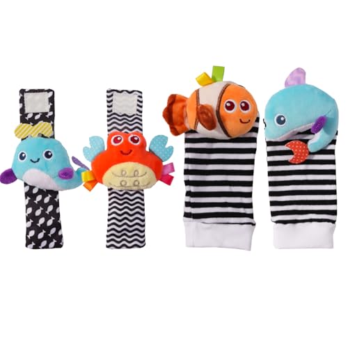 Baby Wrist Rattles and Foot Finder Socks Set, Soft Sensory Toys with Animal Characters, 4 Piece, for Newborns and Infants (Black Ocean Series Socks)