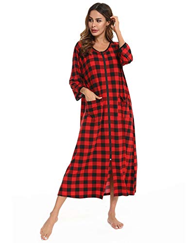 Image of Bloggerlove Zipper Front Robes for Women House Coat Half Sleeve Loungewear Long Nightgown with Pockets S-3XL