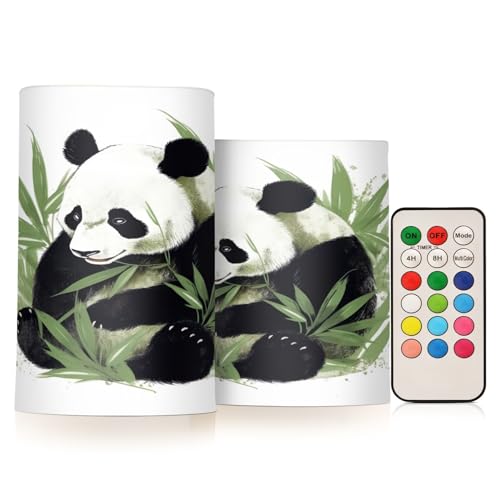 Image of Panda & Bamboo Flameless Candles, Flameless Candles with Remote Set of 2, Flameless Candles Battery Operated, Pillar Candles Home Decoration, Christmas, Party