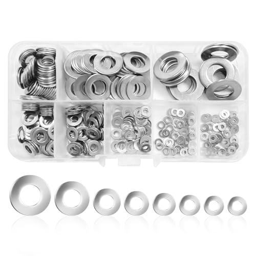 WELANE Stainless Steel Flat Washers, 360 PCS Assorted Hardware Lock Metal Washers Kit for Screws, Bolts (8 Sizes)