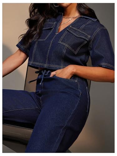 Floerns Women's Collared V Neck Denim Crop Tops Short Sleeve Casual Loose Jean Top2