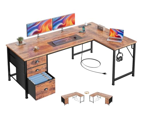 Image of Furologee 55 inch L Shaped Desk with Power Outlets & USB-C Port, Reversible Corner Office Desk with File Drawers, Work Study Gaming Table for Home Office, Dorm, Rustic Brown