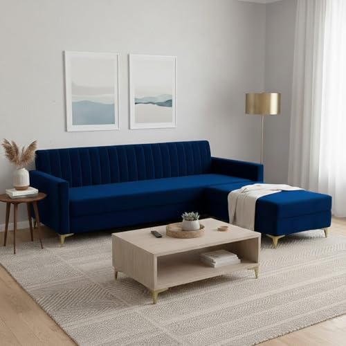Image of SOCOZI Morello 4 Seater L Shape Sofa Set with Movable Ottoman | Flexible Left or Right Layout | Soft Velvet Suede Fabric | Modern Design | Plush Comfort Cushions for Living Room (Dark Blue)