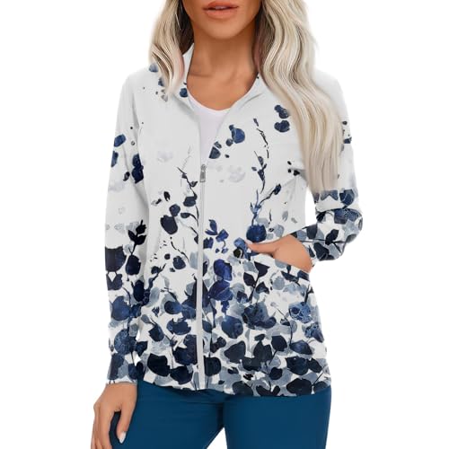 Scrub Jackets for Woman Zip Up Long Sleeve Tops Print Plus Size Womens Scrubs for Women Nursing Shirts with Pockets