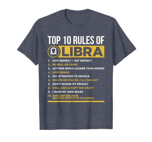 Top 10 Rules of Libra Facts Traits Horoscope Zodiac Funny T-Shirt, Men, Heather Blue, Small