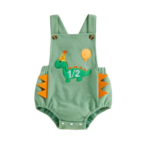 Lamuusaa Toddler Baby Boy Birthday Outfit Sleevelesss Half/One Dinosaur Embroidery Romper Backless Bodysuit Cake Smash Outfit (Green-Half, 6-12 Months)