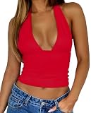ForeFair Women Sexy Halter Deep V Neck Backless Crop Tank Top Open Back Sleeveless Slim Fit Y2k Summer Tops(Red,XS)