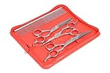 AEXYA Premium Dog Grooming Scissors Kit 3SR Pet Groom Hair Tool Set Stainless Steel Straight, thinning and Curved Sharp Shears for Small or Large Dog, cat or Other pet (Red, 3 Scissors)