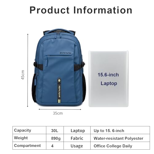 Image of Arctic Hunter Lightweight Laptop Backpack 15.6 inch Shock-Resistant Compartment 7-Pocket Organized Design USB Charging Port Water-Resistant 30L Travel Daypack with YKK Zippers (Blue)