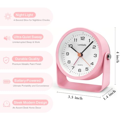 Image of Lamisola 3.5 Inch Small Desk Battery Clock, Pink Alarm Clock for Girls | Travel Clock for Bedroom Bathroom Table Shelf Bedside Cute Metal Vintage Silent Night Light Snooze for Kids Seniors