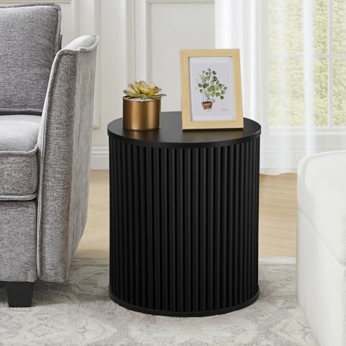AVZEAR Small Round Side Table Fluted Night Stand Set of 2, Mid Century Modern End Table with Storage, Circle Bedside Tables Wood Nightstands for Small Spaces, Living Room, Bedroom (Black) - Thumbnail 3