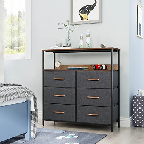 Lyncohome Dresser For Bedroom 6 Drawer Dresser With Shelves Fabric Dresser For Kids Room, Closet, Living Room Tv Stand Office Sturdy Steel Frame Wooden Top, Removable Fabric Drawers(Charcoal) #TOP1