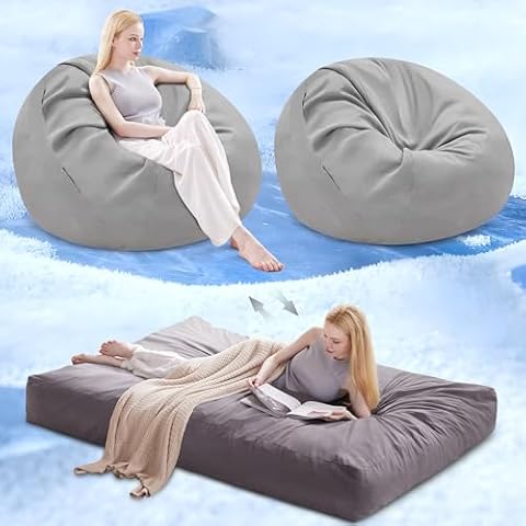 AYEASY Cooling Bean Bag Chair for Hot Summer, Large Bean Bag Chairs for Adults, Giant Convertible Bean Bag Bed, Big Beanbag Chair, Huge Bean Bag Couch Sofa Floor Bed Mattress Cool (Grey, Queen) Cover