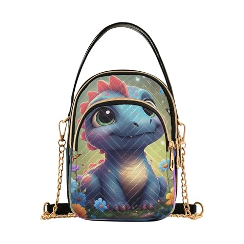 One Shoulder Purse Women Cute Cartoon Dinosaur Floral Quilted Phone Wallet Chain Strap Purse Cute Zipper Bowler Tote Ladies Satchel, 5.9