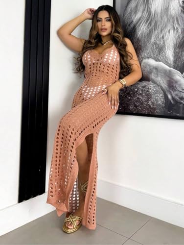 Vestido Saida de Praia Crochê Vazado Longo Transparente com Fenda Cores (BR, Alfa, Único, Regular, R