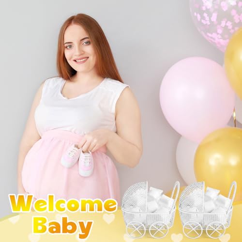 Image of Threehoney 24 Pcs Baby Shower Mini Carriage Decoration White Goose Color Metal Wired Fillable Candy Stroller Baby Shower Table Centerpiece for Guest Gender Reveal Wedding Party Favor Gift