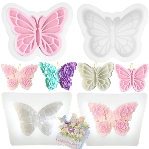 Paotxpum 4 moldes 3D para velas de mariposa de flores y mariposas, moldes de silicona de resina epoxi para hacer velas, resina, fundición, jabón, yeso, fondant, decoración de pasteles
