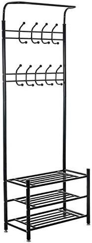 Home Treats Tall Entryway Coat Stand With 3 Tier Shoe Rack, Black Metal Multi-purpose Clothing Hooks For Hallway. Home Furniture And Storage organizer