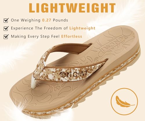 Image of ONCAI Flip Flops for Women, Fashion Printed Platform Sandals Woman with Arch Support Yoga Mat Cushion, Lightweight Summer Beach Outdoor Chunky Non-Slip Rubber Soles US Size 5-11
