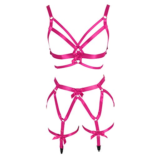 Full Body Harness Bra Women's Chest Strap Lingerie Cage Set Leg Garter Belt Festival Rave Plus Size Goth Punk Stretchy Fabric (Rose Red) #TOP19
