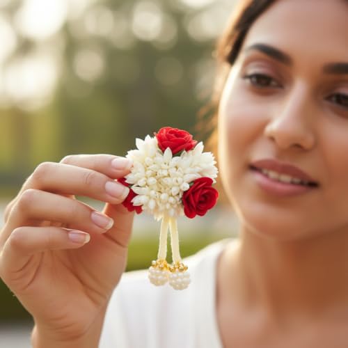 Image of Alvero 12Pc Women Floral Gajra Hair Accessories with Red Roses, White Flowers, Pearl & Golden Bead Tassels - Traditional Indian Bridal Hair Decoration for Wedding, Festive, Ethnic Hairstyles & Valentine Gifting (12-Piece)