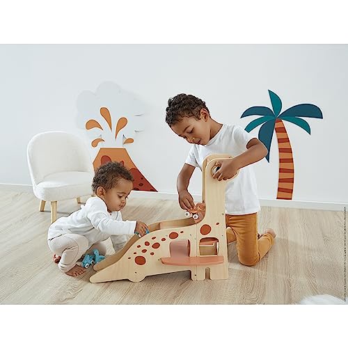 Janod - Diplodocus-Parkhaus für Kinder - 4 Dinos zum Schieben, 2 Kakteen - Fördert Feinmotorik - Spielzeug aus FSC-Holz - Ab 24 Monate, J05835