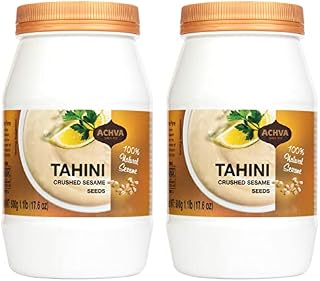 Achva Pure Tahini Paste | Roasted & Pure Stone Ground Ethiopian Sesame Seeds | Rich Creamy Taste for Hummus & Tahini Sauce | Kosher, Vegan Gluten Free, Peanut Free & Non-GMO (2 Jars of 500g)