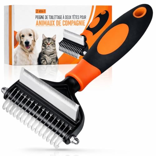 Brosse Poils & Sous-Poil Chien et Chat - Toilettage 2-en-1 Anti-Nœuds - Idéale Poils Courts,...