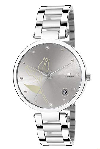 IIK COLLECTION Round Studded Dial Stainless Steel Bracelet Chain Strap Analogue Wrist Watch for Women and Girls