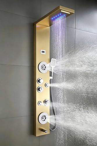 Image of ELLO&ALLO Stainless Steel Shower Panel Tower System,LED Rainfall Waterfall Shower Head 6-Function Faucet Rain Massage System with Body Jets, Brushed Gold