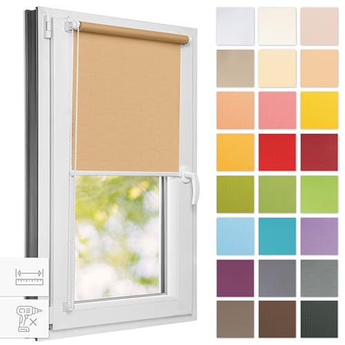 Estika Rollo für Fenster ohne Bohren - 90cm x 220cm - Beige - 25 Stofffarben, Klemmfix Montage, Fensterrollos für innen, Sichtschutz für Fenster und Balkontür (90 cm Stoffbreite)