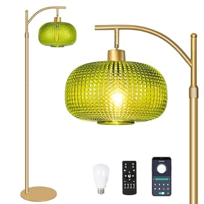 Duoled Dimmable Glass Floor Lamp,Mid Century Modern Tall Standing Lamp Green Glass Lamp Shape,Gold Tall Pole Lamp for Living Room Bedroom Office with Remote, 1 x 1000LM LED Edison Bulbs Included