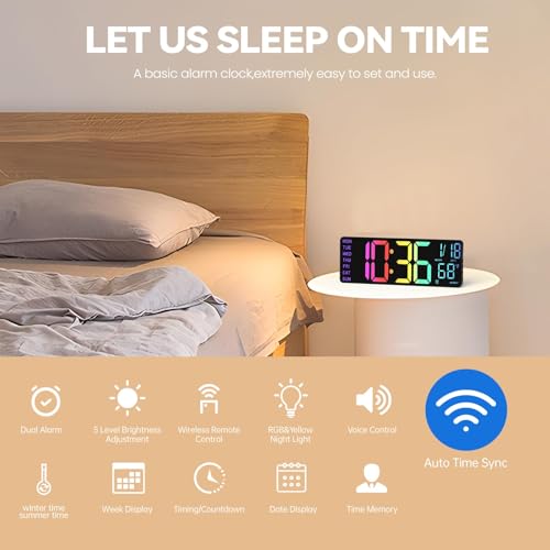 Image of YISILE Digital Wall Clock Large Display, 13 inch Large Digital Wall Clock with RGB Color Remote Control, Automatic Brightness Dimmer Big Clock with Night Lights, Auto DST, Date Week,Perfect for Gift