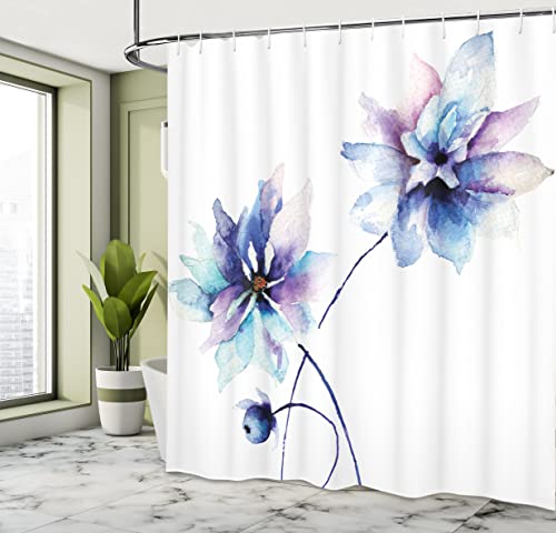 Ambesonne Watercolor Flower Shower Curtain, A Drawing With Soft Spring Colors Retro Style Floral Theme Picture Artwork, Cloth Fabric Decor For Home Bathroom Set With Hooks, 69" W X 75" L, White Purple #TOP3