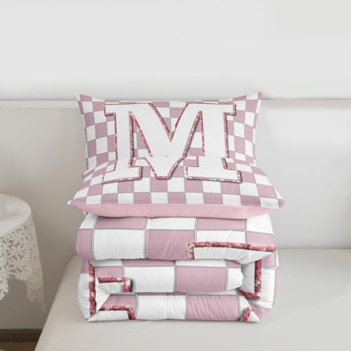 Image of Erosebridal Pink Initial M Bedding Set Queen Kawaii Plaid Checkered Comforter Set for Kids Girls Teen Women Cute Personalized Monogram Down Comforter,Fashion Grids Gingham Quilt Duvet