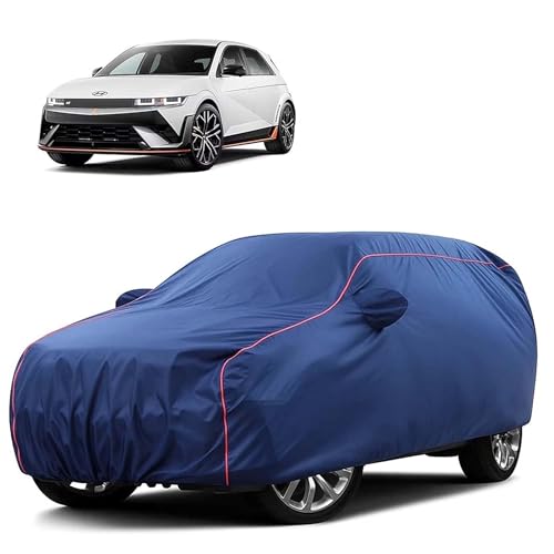 Image of Sulfar 100% Water Resistant Car Body Cover Compatible with Mirror for Hyundai IONIQ 5 (Triple Stitched, Full Bottom Elastic, Blue Tafetta with Red Piping)