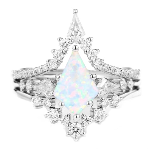 White Opal with Moissanite or Diamond Engagement Ring Set 925 Sterling Silver Created Opal Wedding Bridal Ring Set for Women Size 5-18