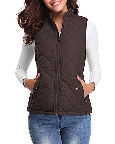 Fuinloth Women's Quilted Vest, Stand Collar Lightweight Zip Padded Gilet Chocolate XL