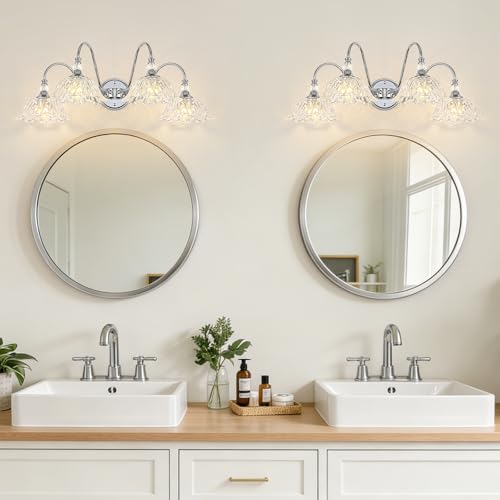 Image of Brushed Chrome 4-Light Bathroom Vanity Light with Floral Clear Glass Shades, Modern Wall Mount Lighting for Bathroom, Dressing Table